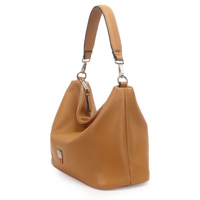 Vista lateral da bolsa ombro feminina WJ caramelo mostrando estrutura e alça texturizada